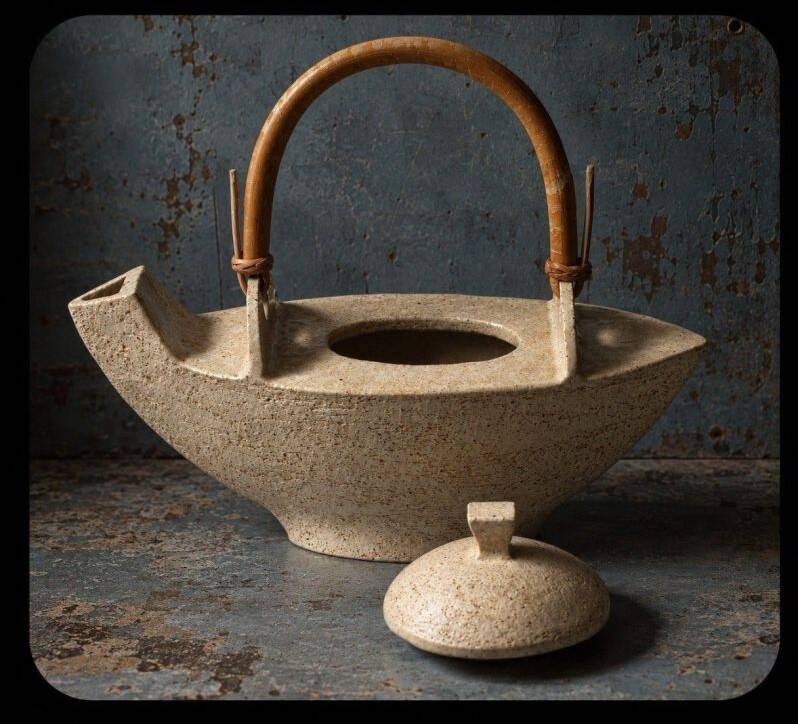 Unique Danish Studio Pottery – sculptural teapot with a bamboo handle;