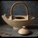 Unique Danish Studio Pottery – sculptural teapot with a bamboo handle;