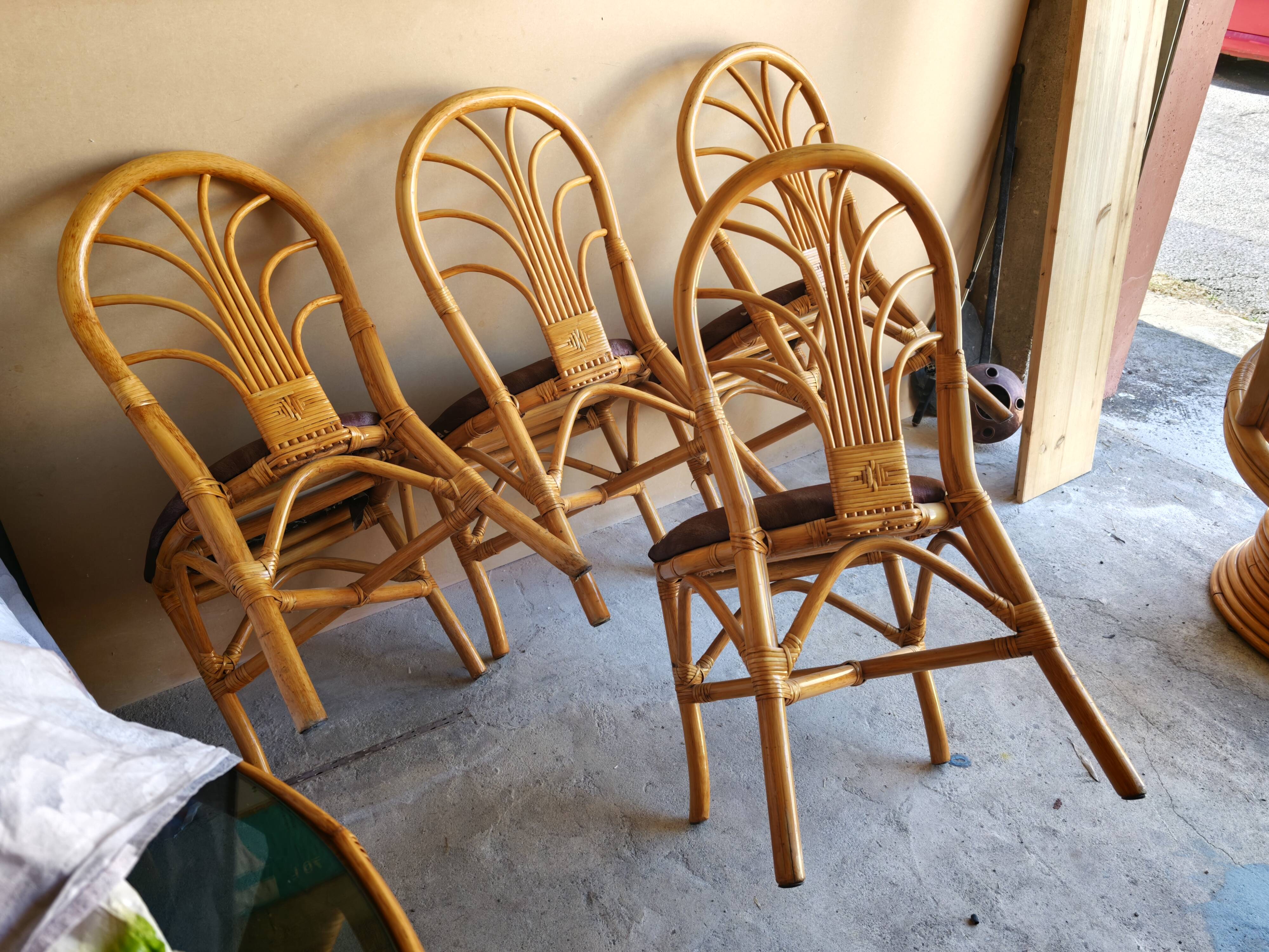 Set of 4 rattan and bamboo chairs, "fan" backrest, vintage 70s.