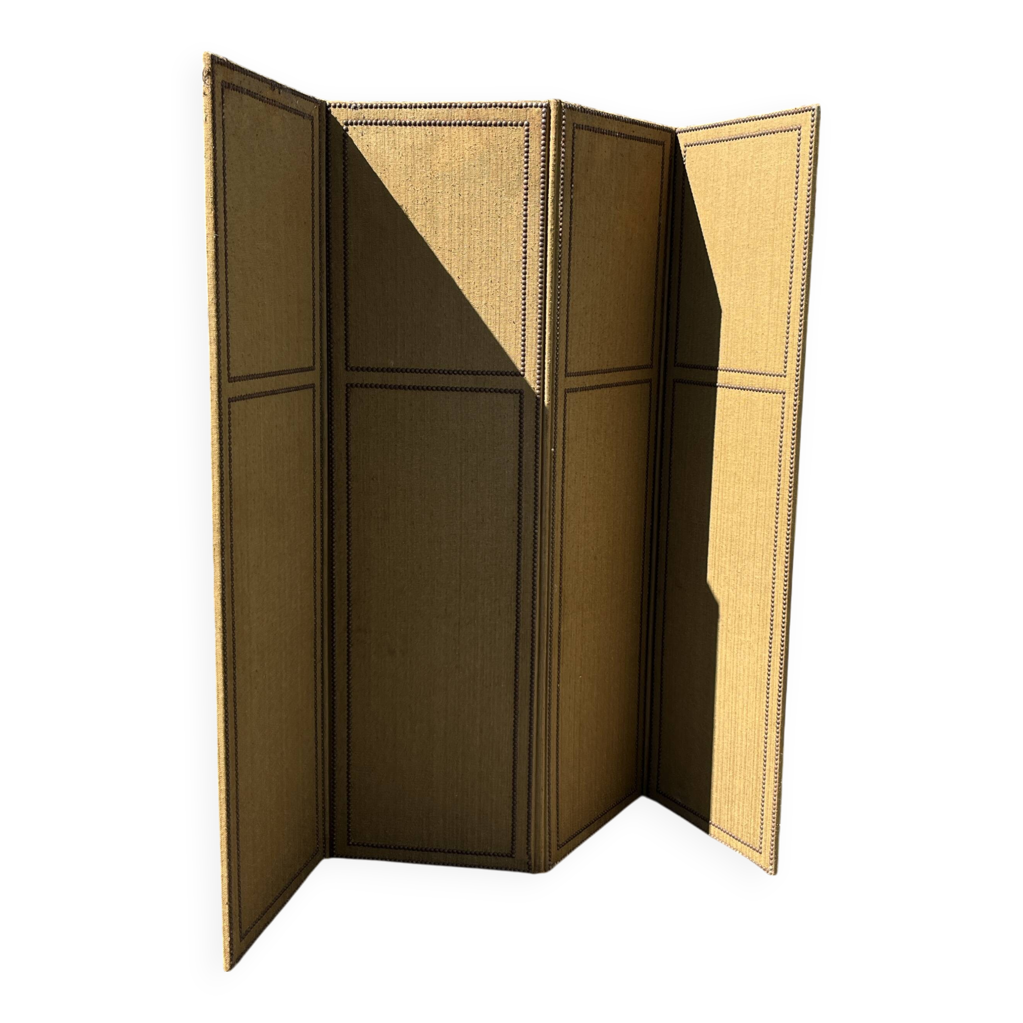 Antique 4-panel screen – burlap and upholstery nails