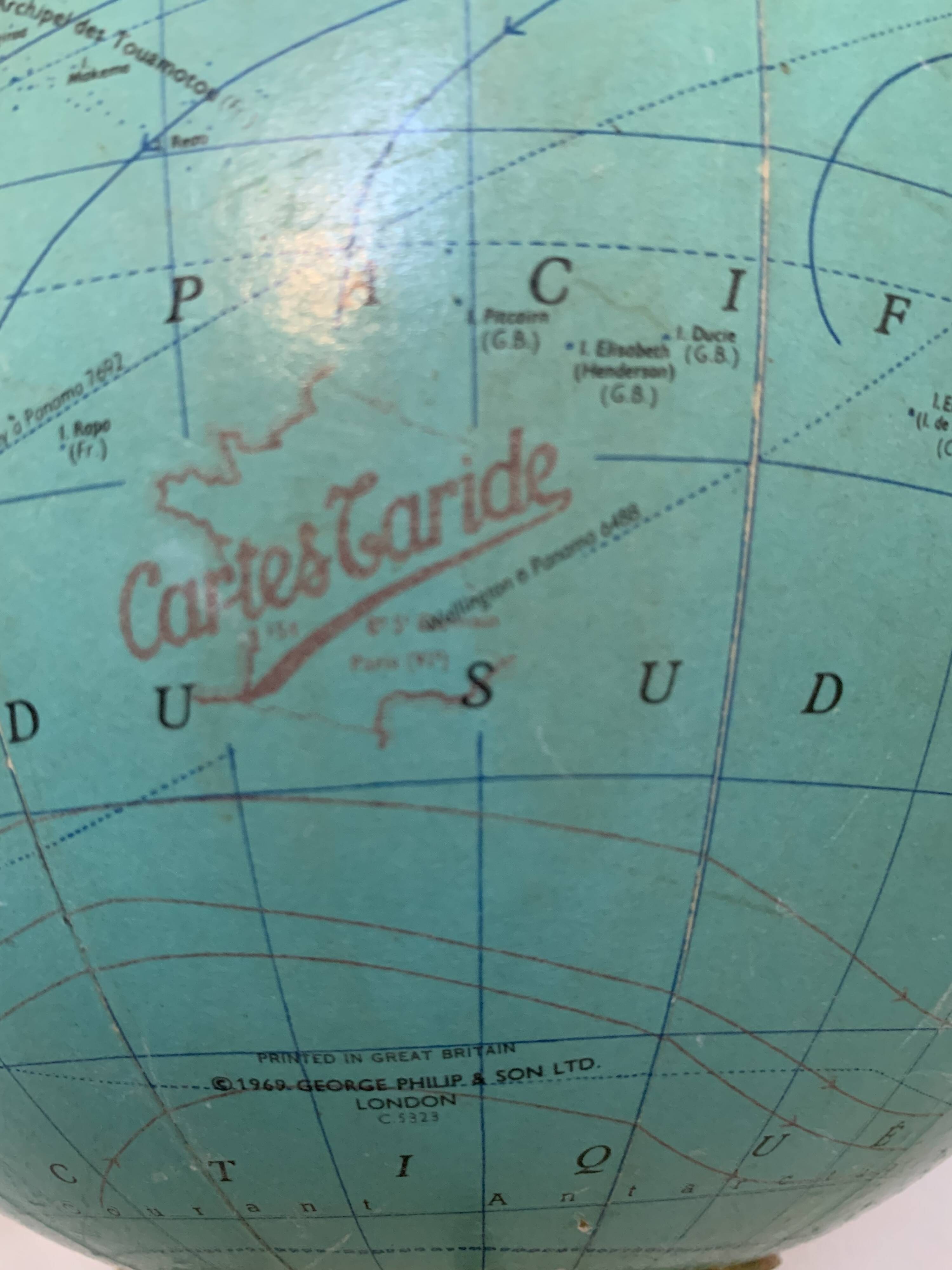 Globe vintage 1969 terrestre tripode verre Taride mappemonde - 33 cm