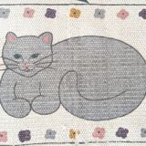 1980s handwoven cotton rug with a cat and flower pattern