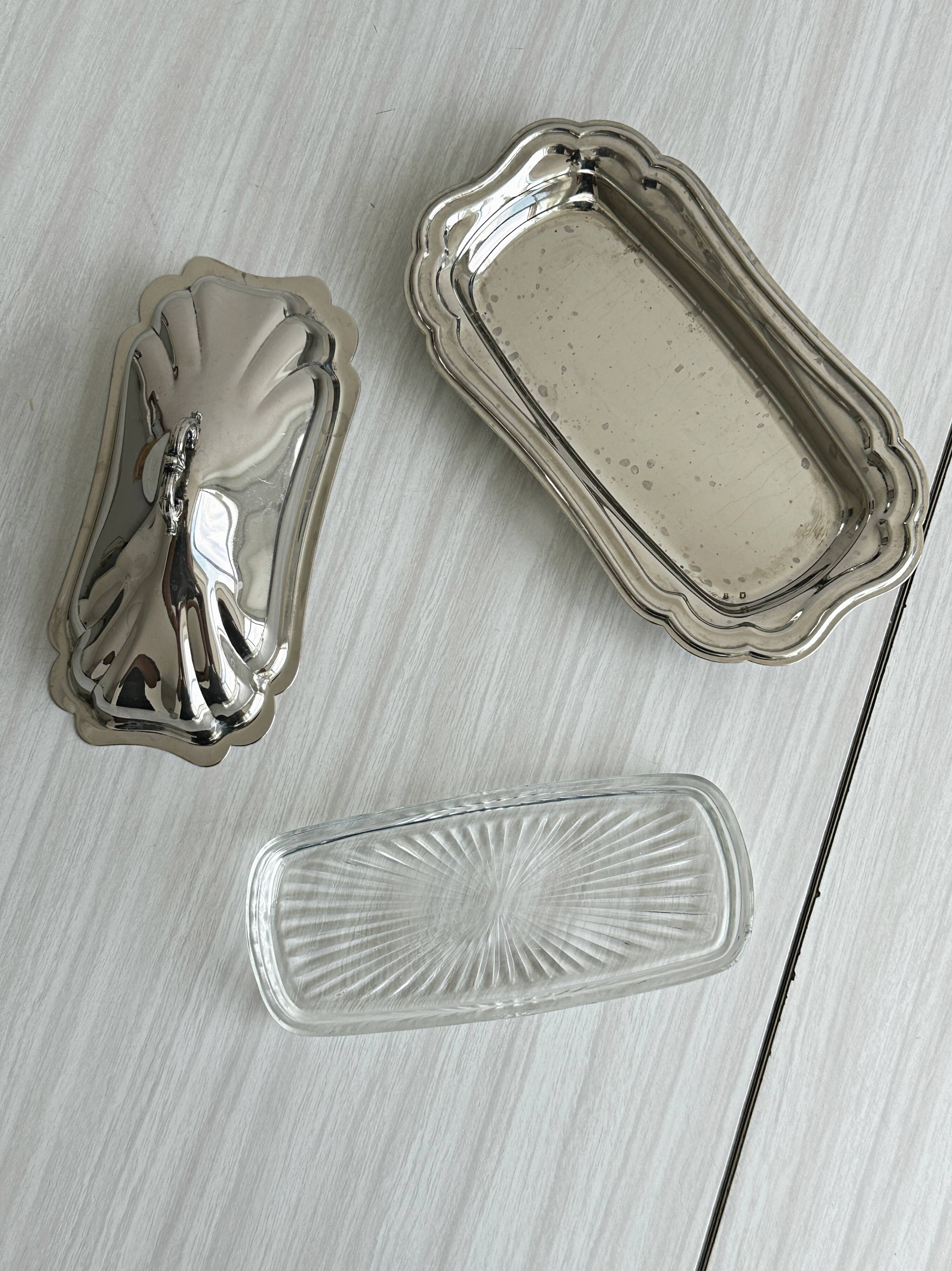 Antique silver-plated stainless steel butter dish