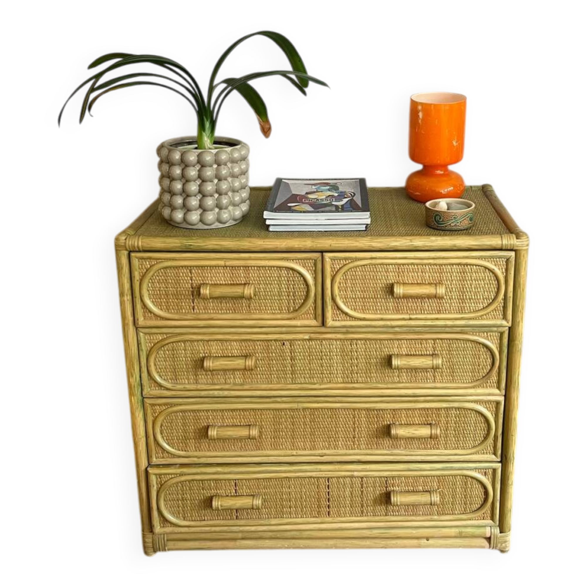 Charming rattan and bamboo chest of drawers.