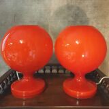 Pair of red opaline glass table lamps for Jihlava, Czechoslovakia, 1960s
