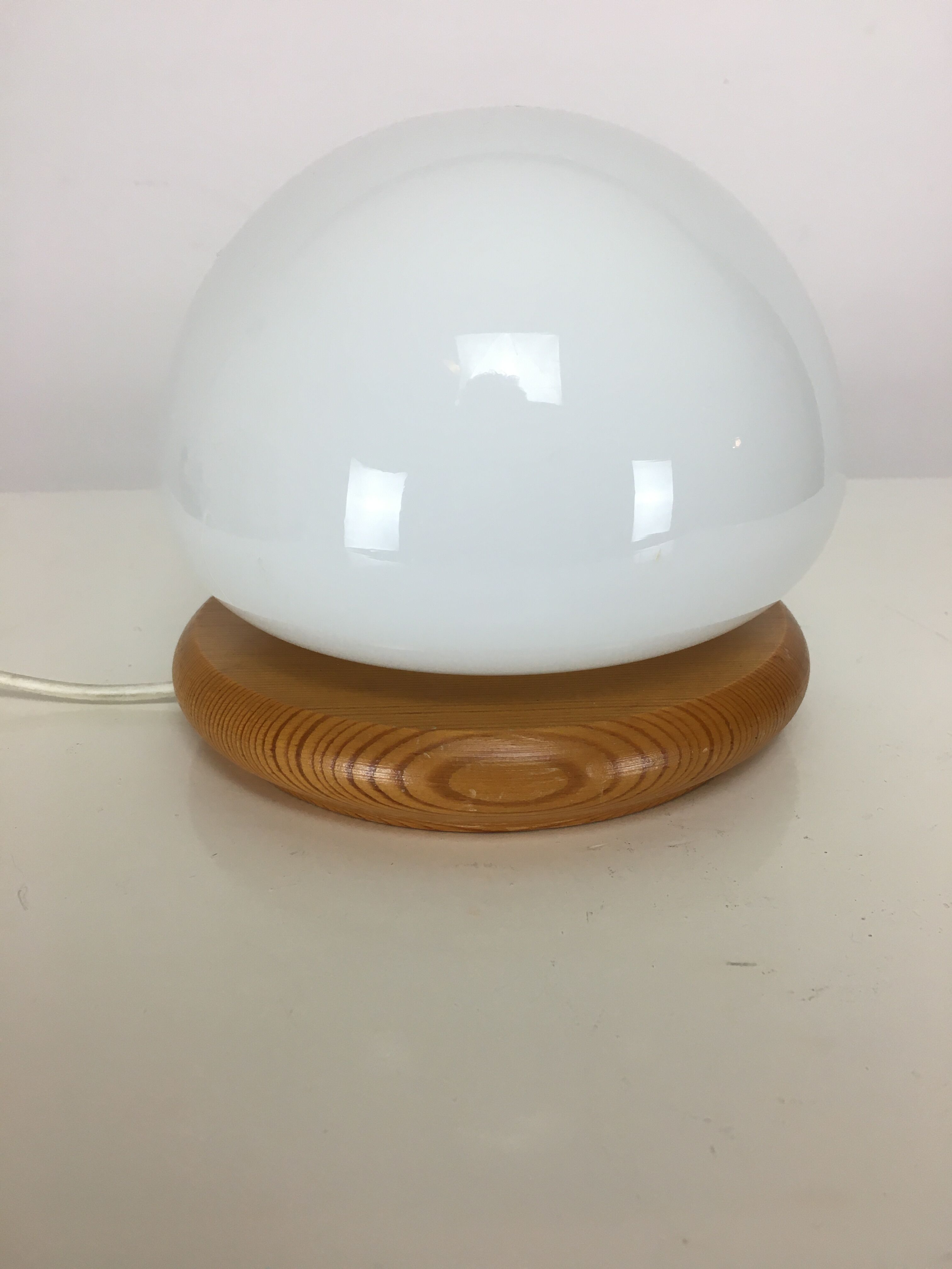 Mushroom lamp, white opaline on pine base