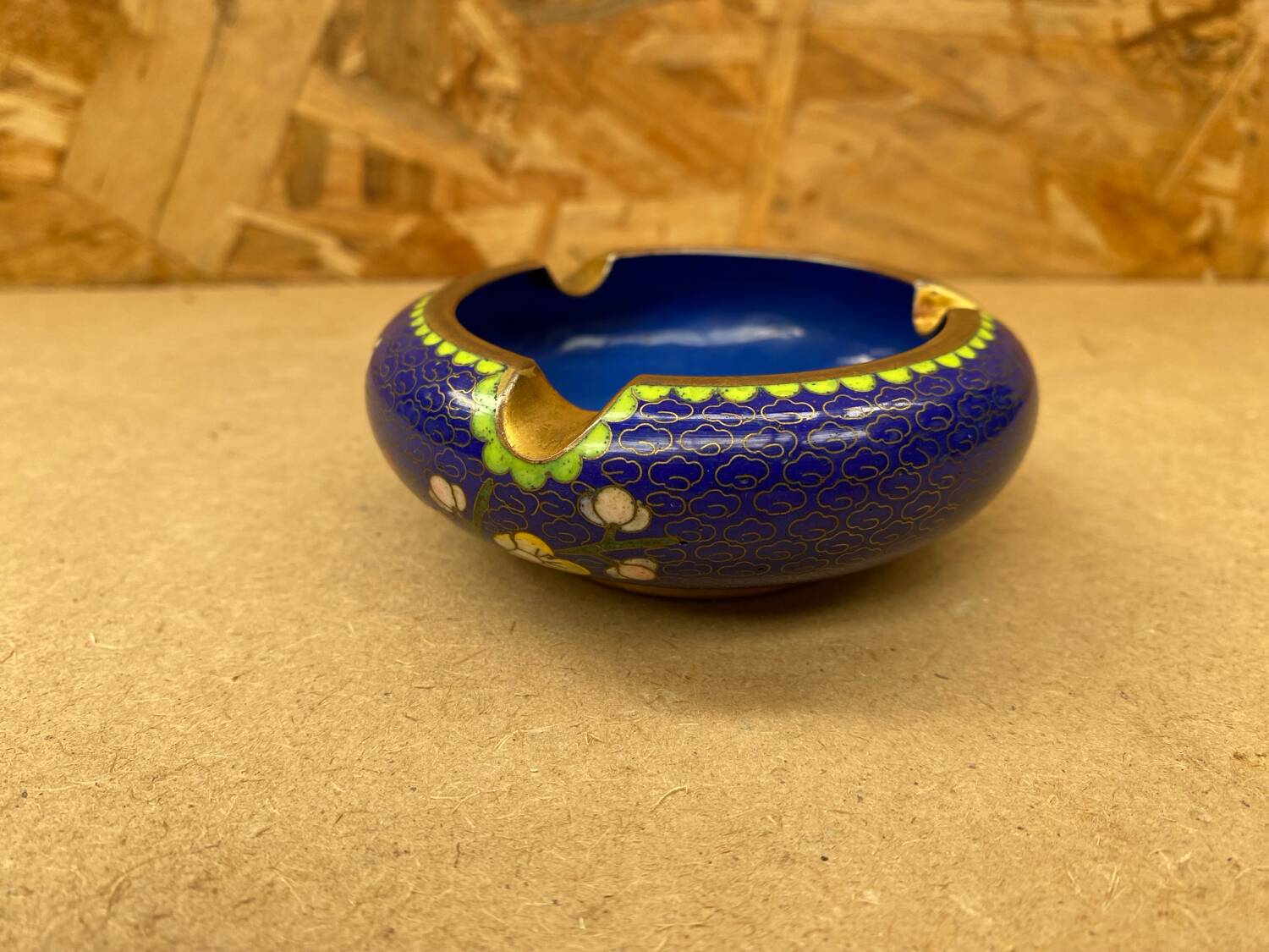 Antique Chinese Bronze Cloisonne Enamel Ashtray Vintage Flower Pattern