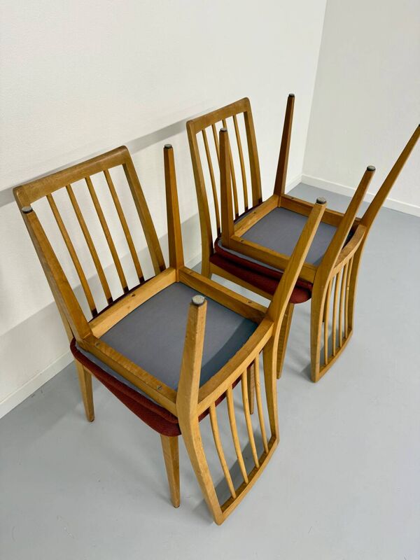 Lot de 4 chaises en hêtre massif et tissu vintage orangé design années 70