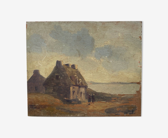 Huile sur panneau bois theme marin plage de mousterian XlXeme