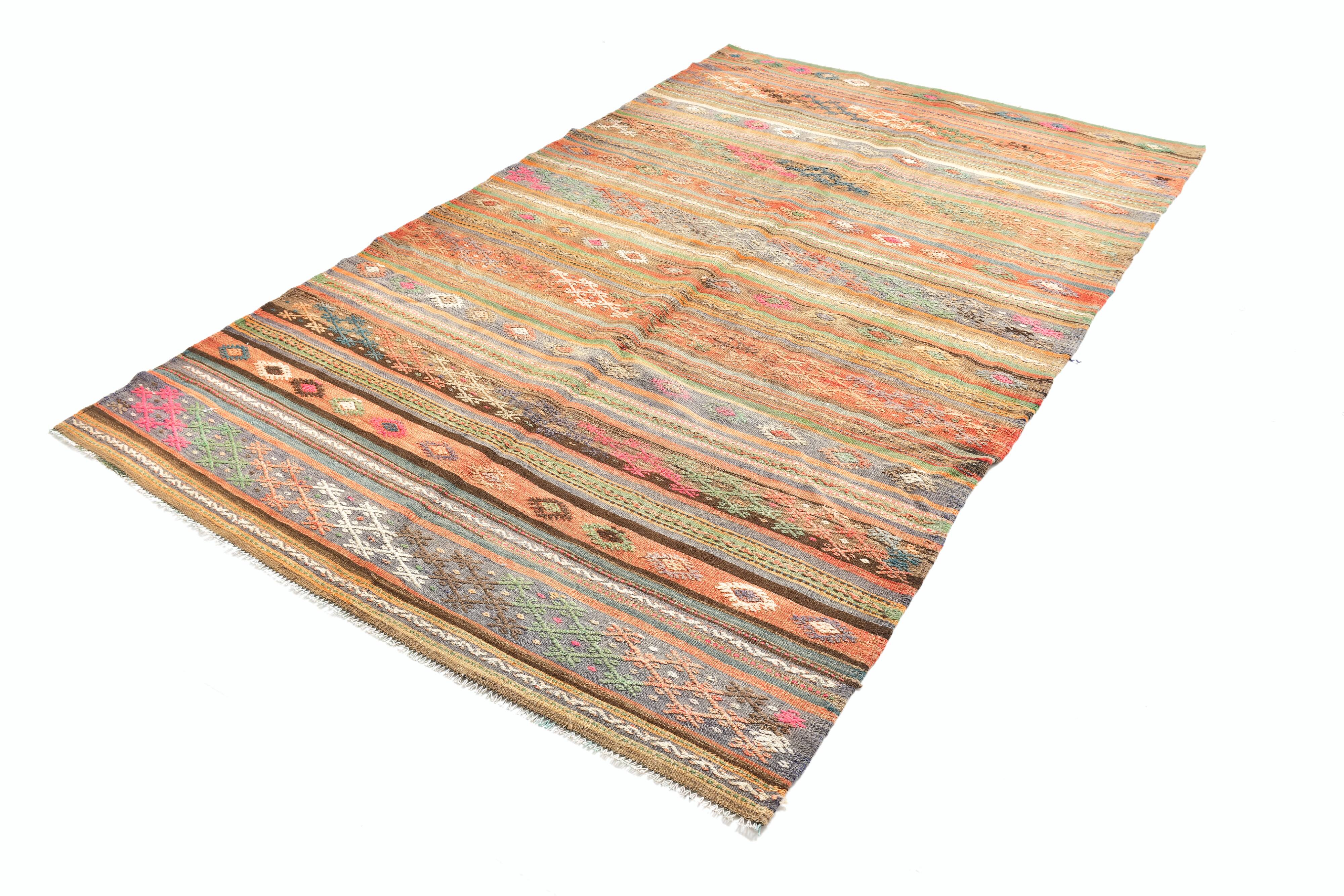 Red & Green Pinstriped Turkish Kilim Rug, 155x250Cm
