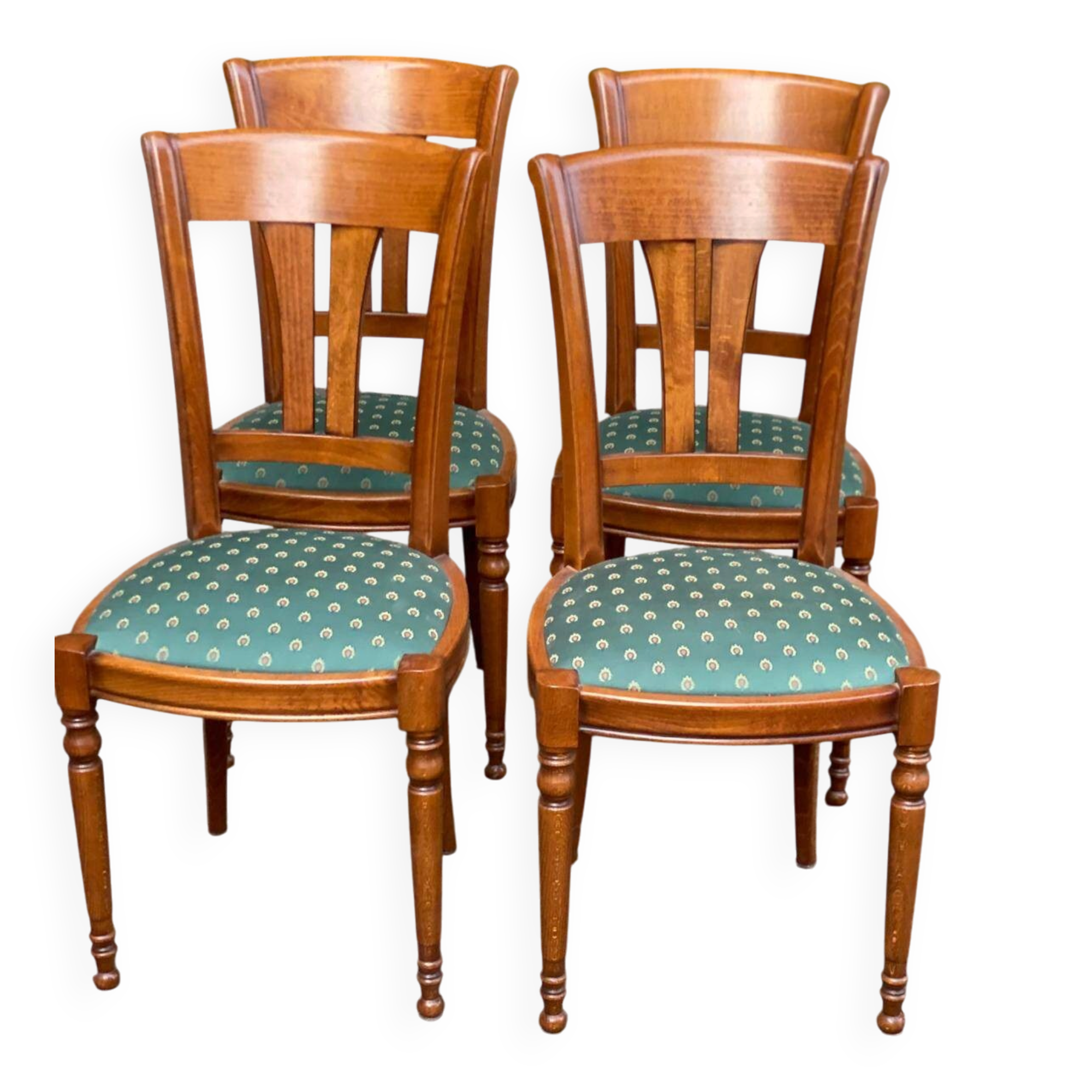 4 chaises de salle à manger en bois massif et tissu vert Louis Philippe 198