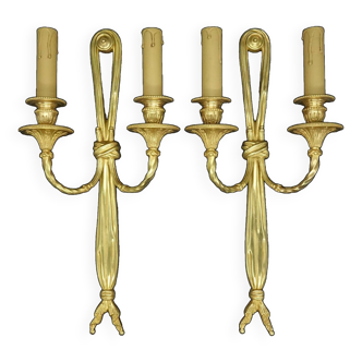 Paire de grandes appliques aux rubans style Louis XVI début 1900 - bronze