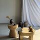 Side table or stool with a semi-spherical top in beige mango wood H50 D45