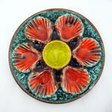2 red/orange, yellow and green glazed ceramic oyster plates - Vallauris France - vintage