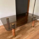 Scandinavian coffee table in brown teak, smoked glass top and brass details, 1960s.