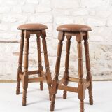 Antique bar stools, brown leather and wood
