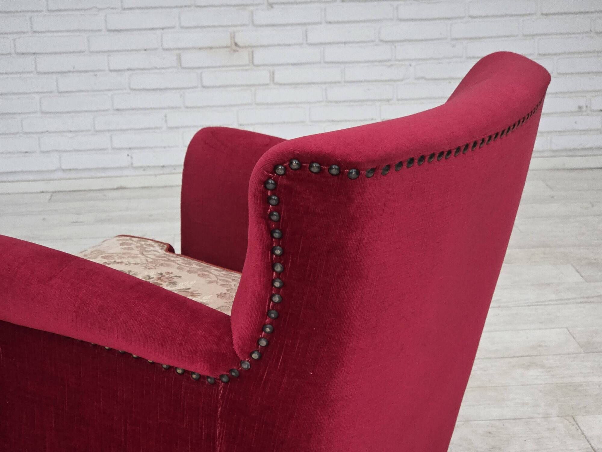 1970s, Danish armchair, furniture velour, ash wood legs.