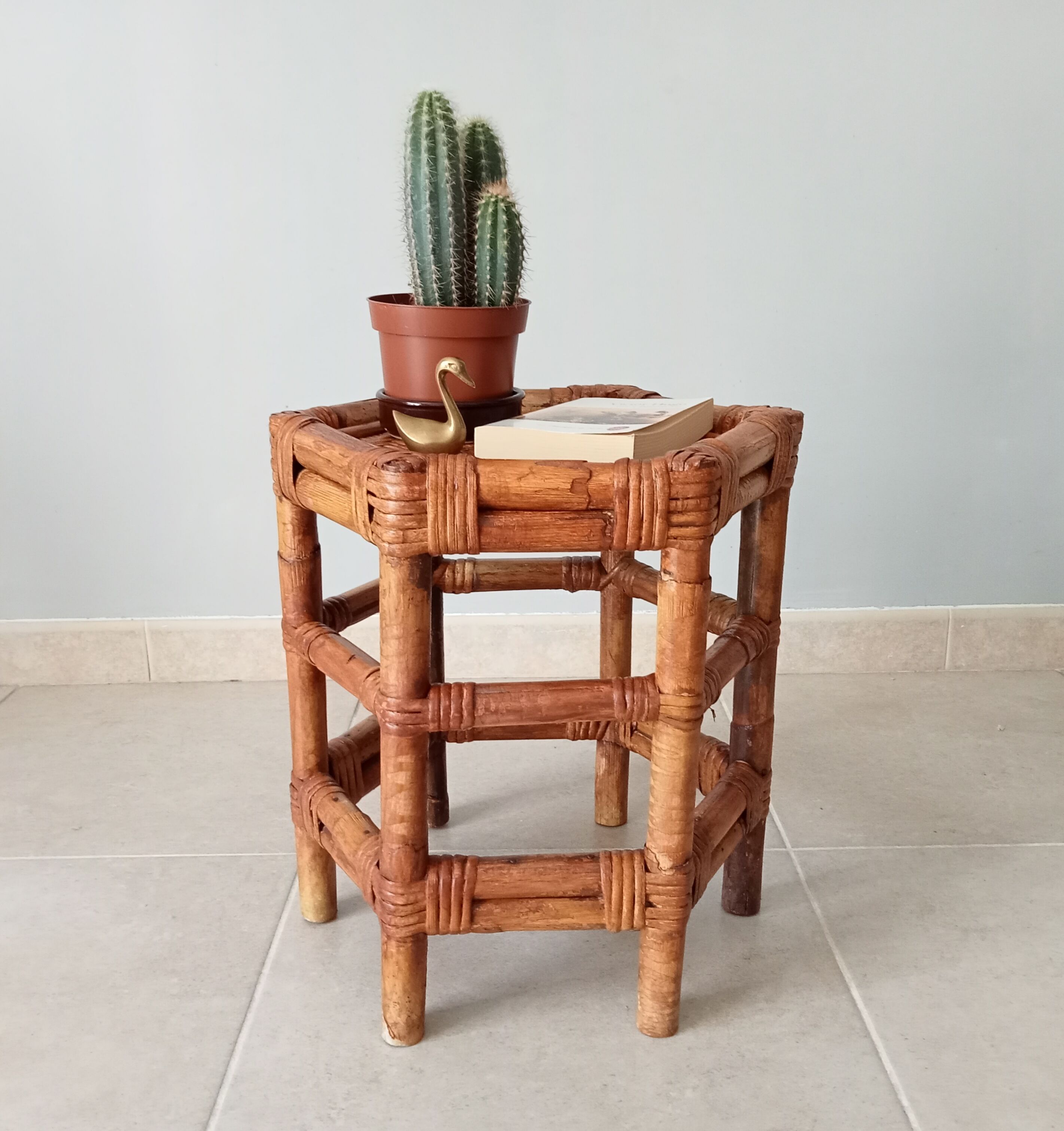 Vintage side table in bamboo and rattan 70s
