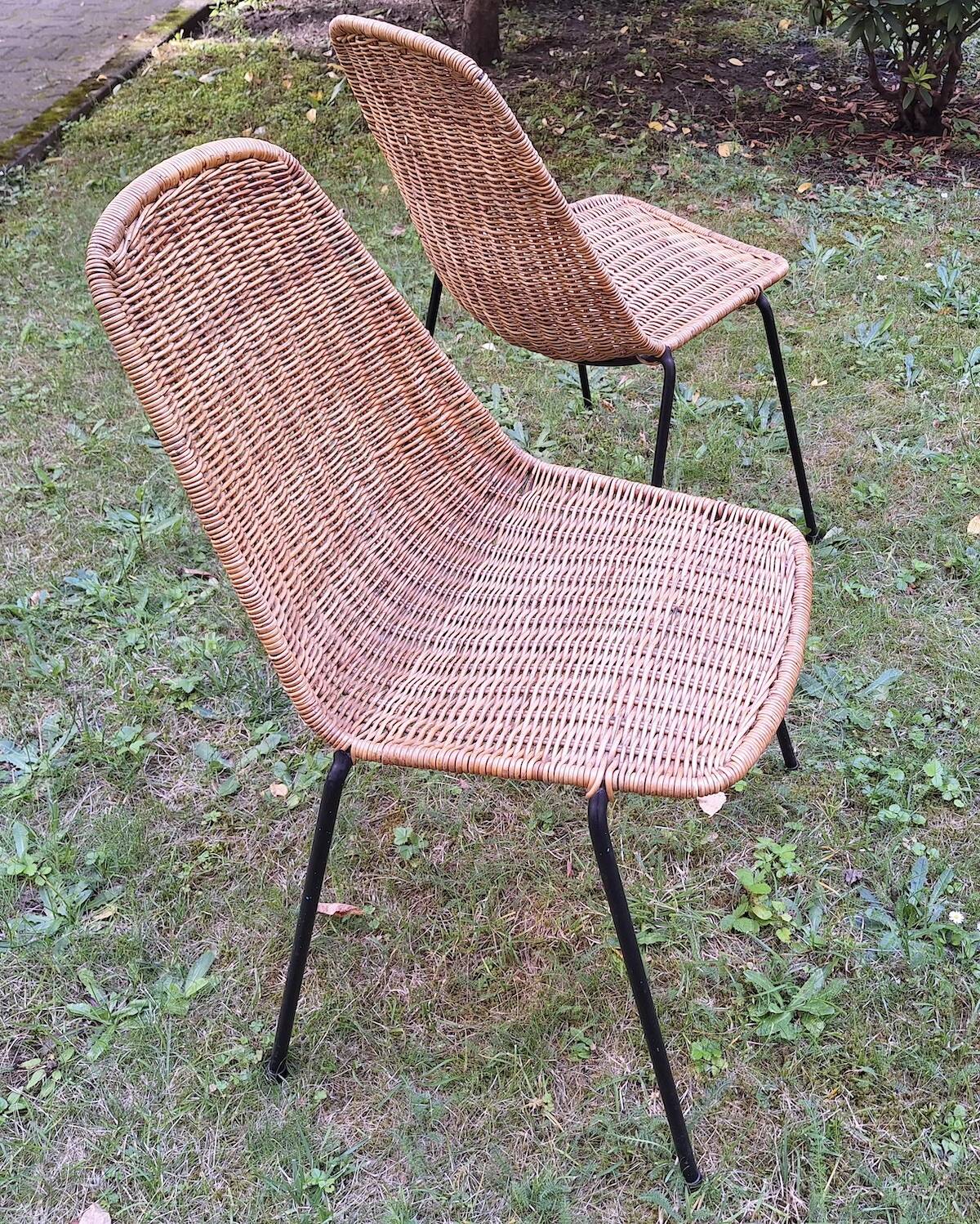 Pair of Legler rattan and metal dining / stacking chairs, Switzerland 1960s
