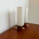 Paire de petites lampes poser teck et opaline