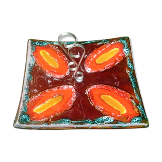 Glazed ceramic cheese platter from Vallauris Vintage 70s orange décor