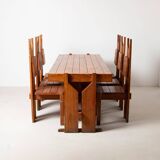 Set of large unique brutalist dining table and 6 chairs in pine, Czechoslov