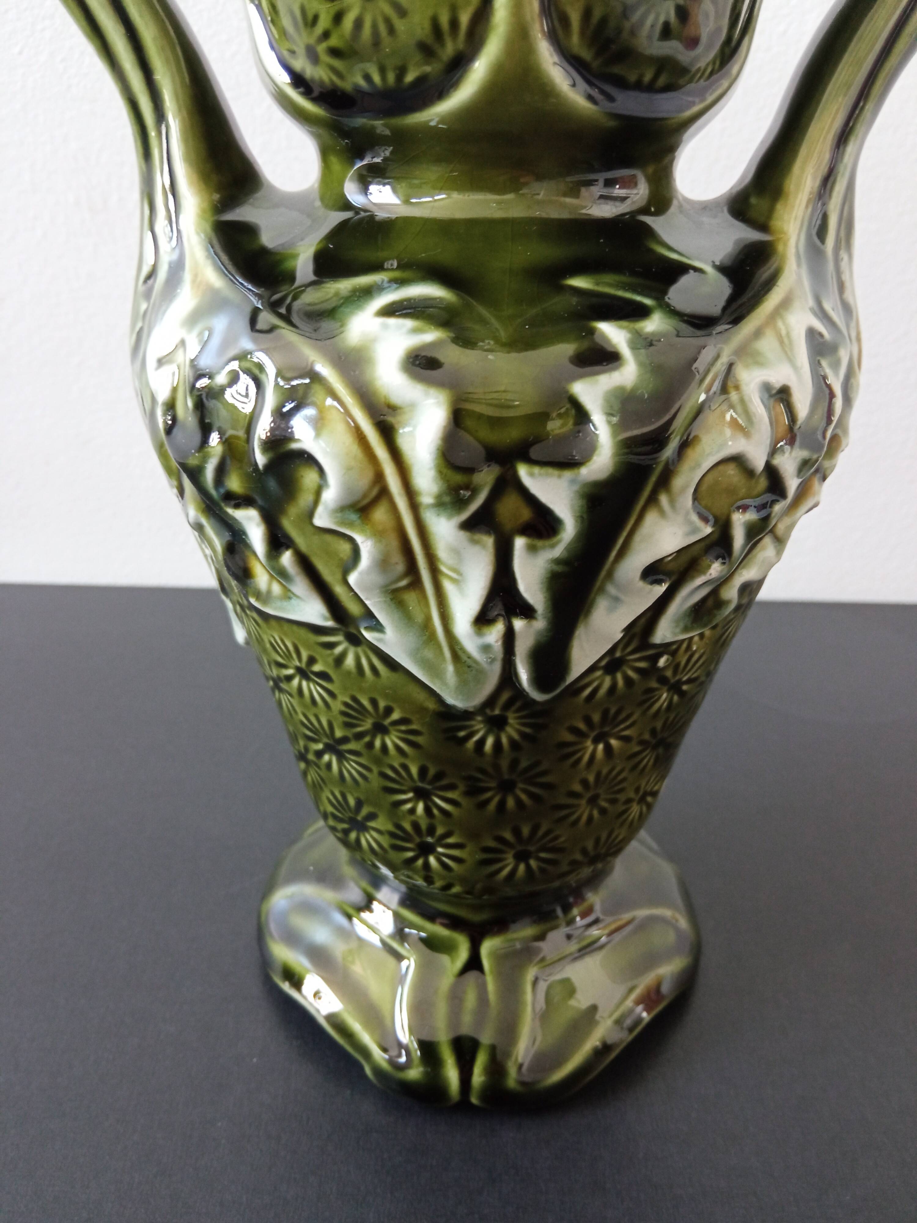 barbotine vase with art nouveau thistle flowers, very rare