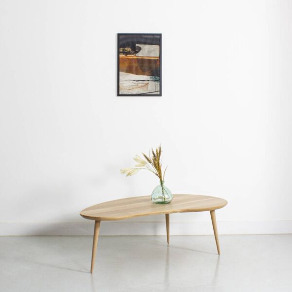 Table basse format haricot en chêne massif, pieds compas vintage