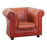Cowhide Leather English Chesterfield Club Chair in a Light Red Tone