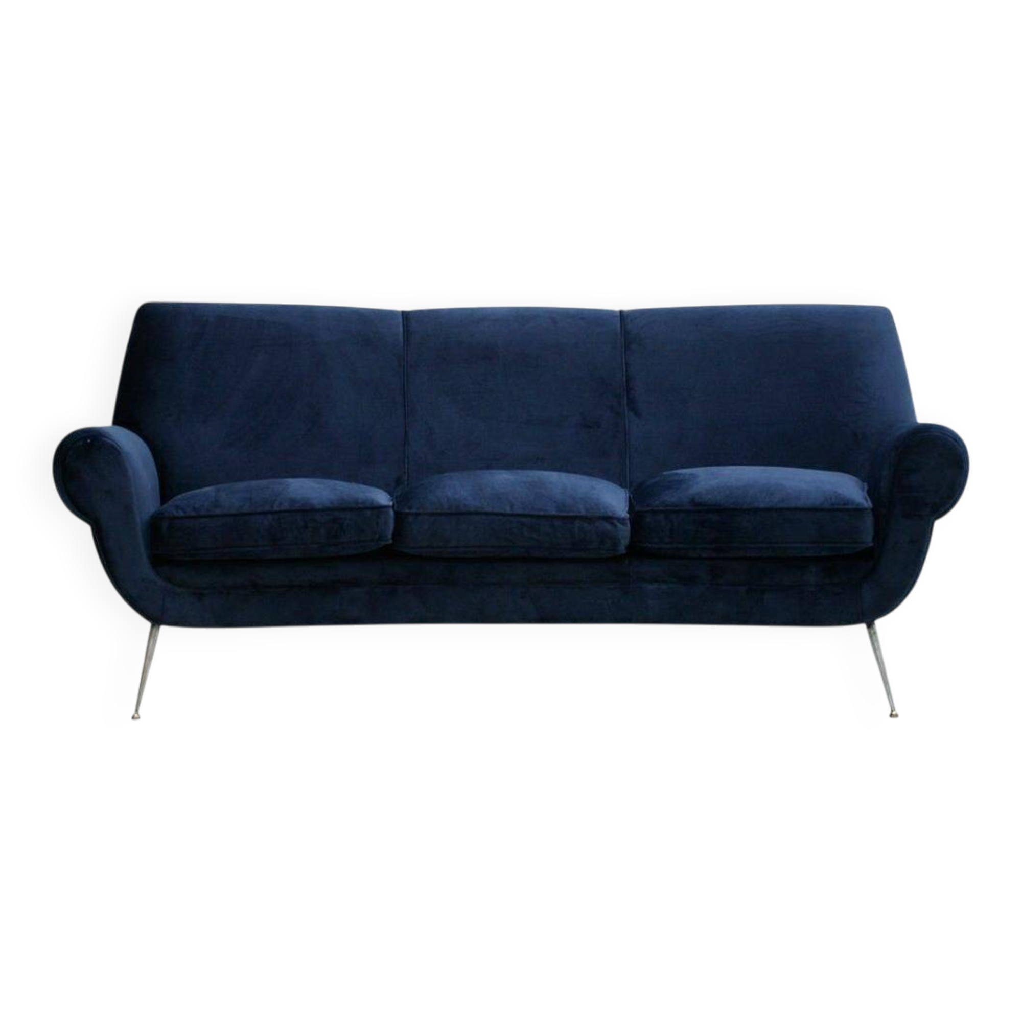 Gigi Radice Mid-Century Modern Midnight Blue Cotton Velvet Curved Italian Sofa