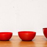 Modern mid-century red enamel bowl sets by Kaj Franck for Finel, Finland, 1960s, set of 4.
