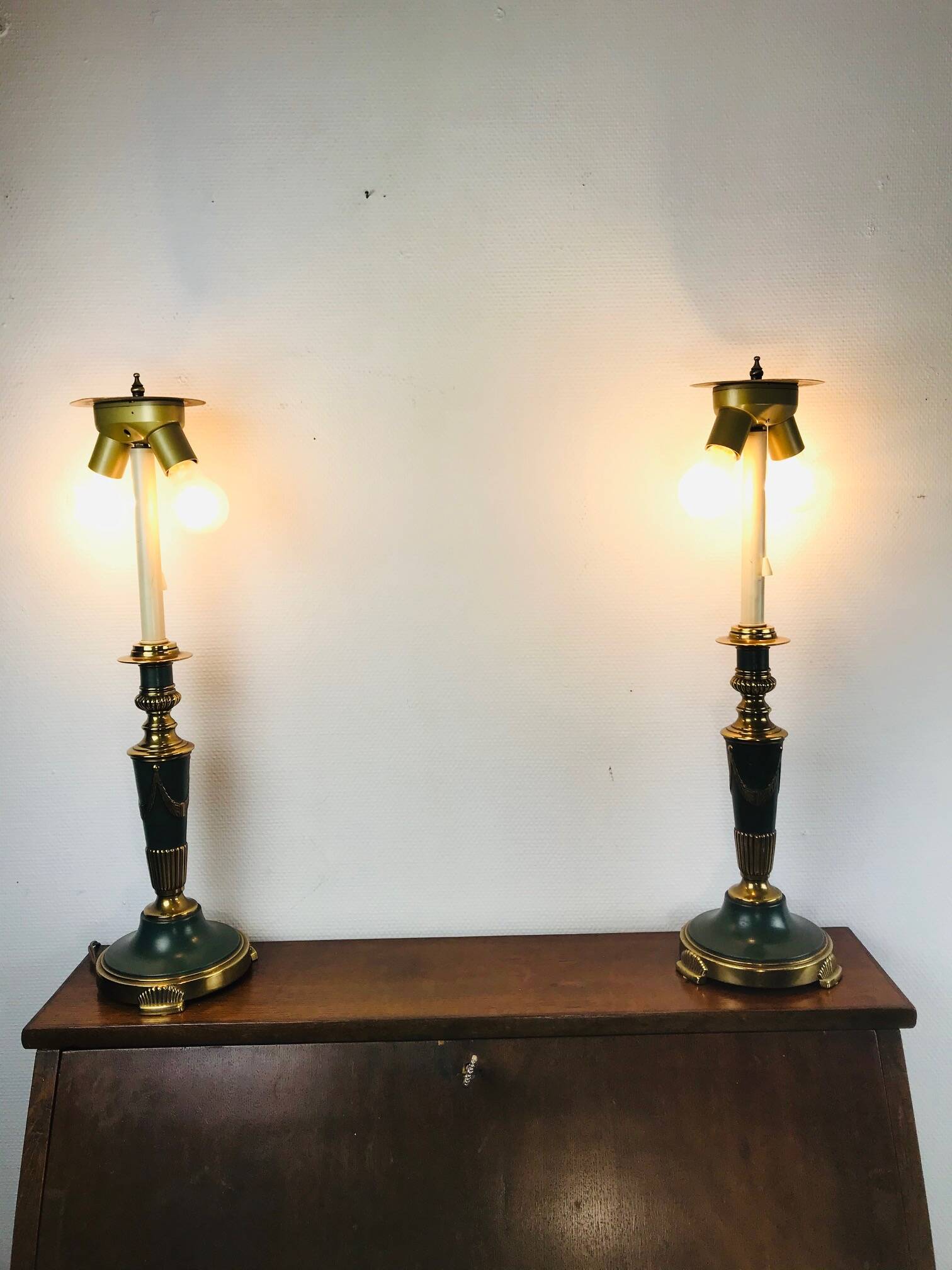 Vintage dutch brass and green table lamps from kullmann, 1970s, set of 2 table lamps. baroque