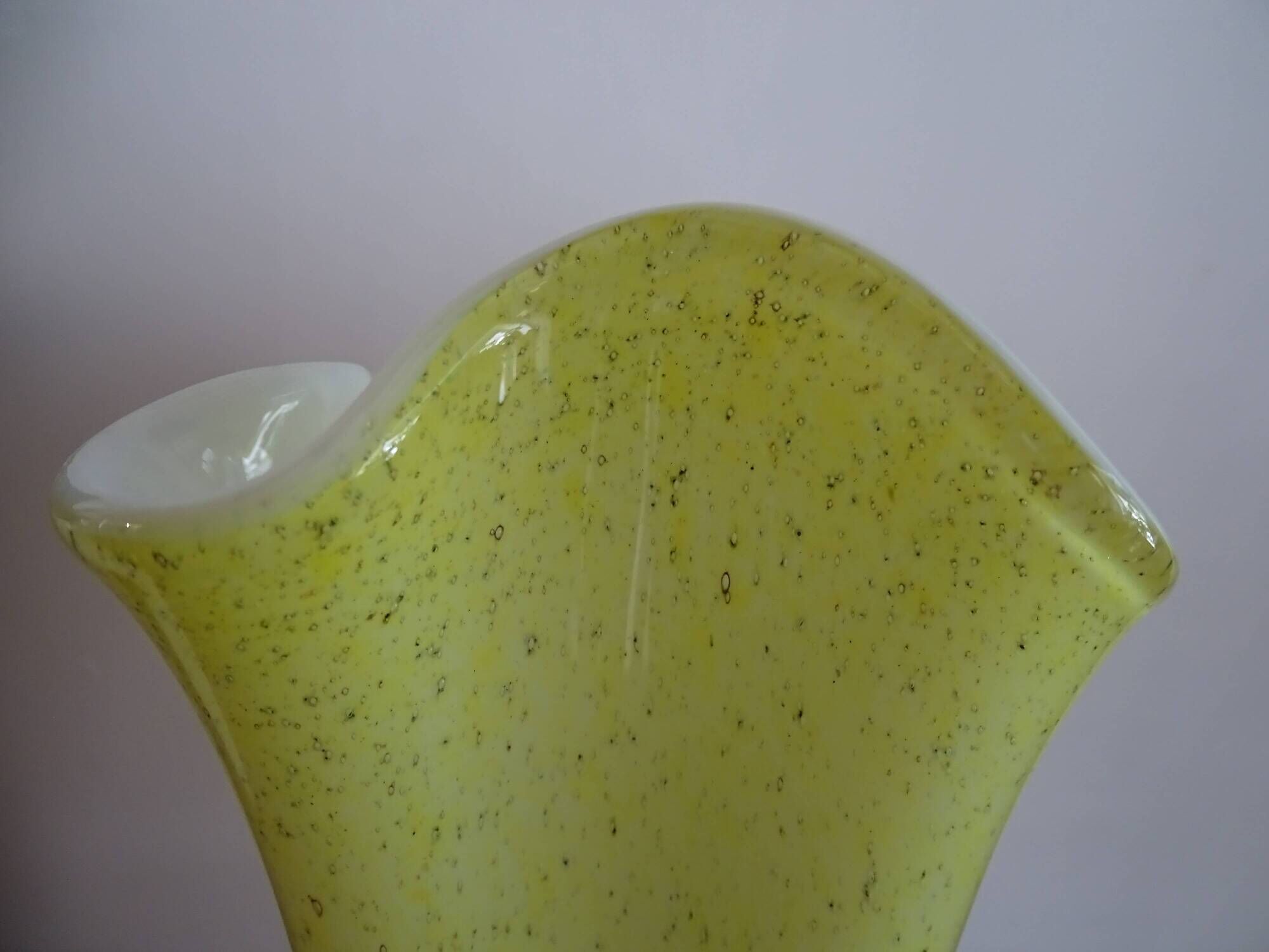 Vintage 1960s murano glass handkerchief vase, yellow and white speckled