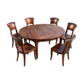 Round teak table 150 cm with 6 Indonesian chairs.