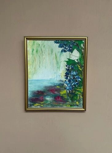 Mid-Century Oil on Canvas “Water Lilies” by Lena Larsson Framed 50 × 42 cm