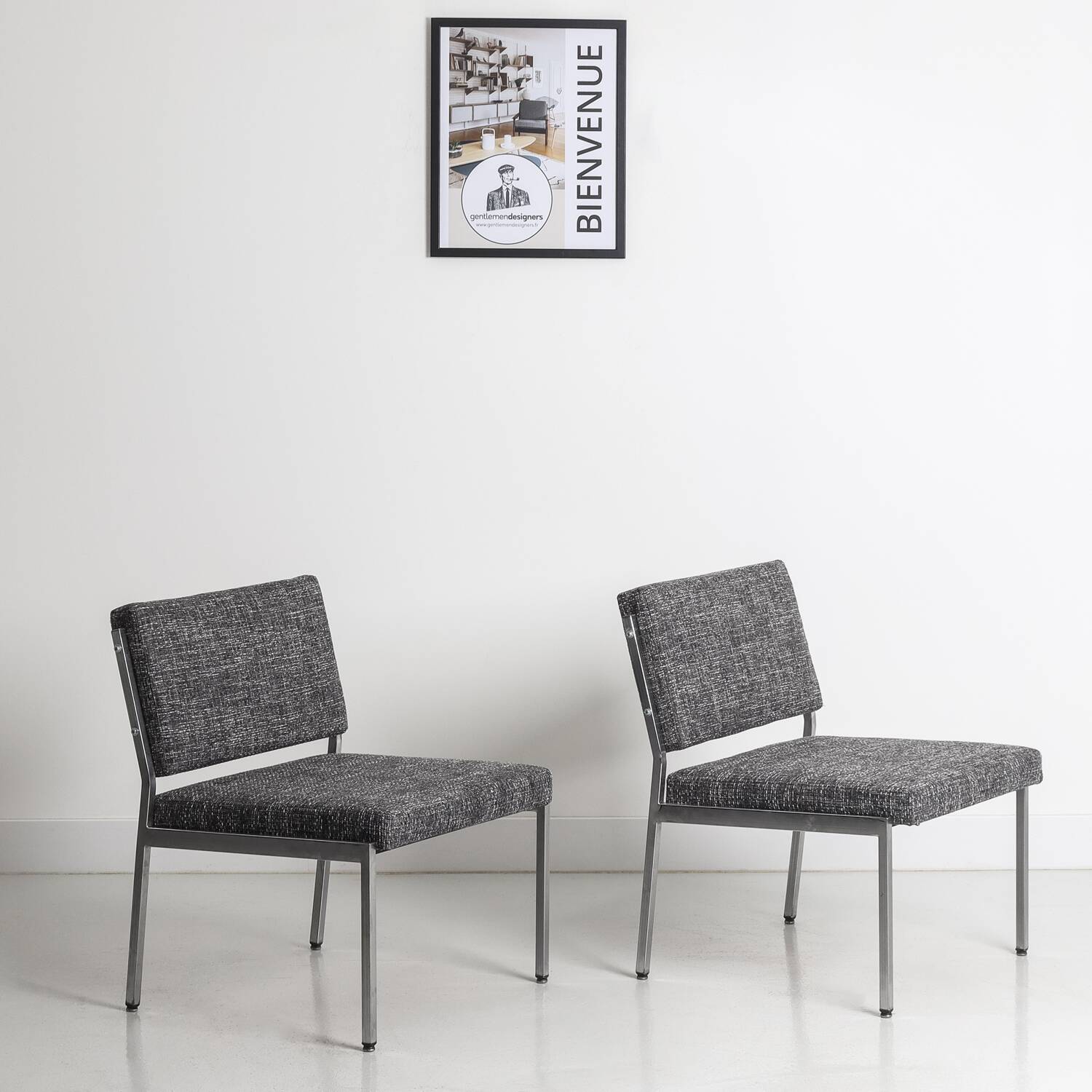 Pair of vintage armchairs in metal and gray fabric, renovated