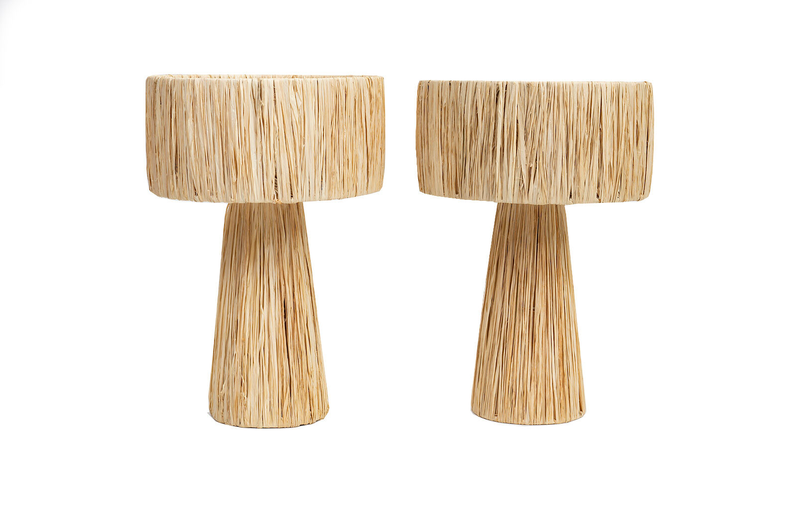 Handmade pair of natural rafia table lamps