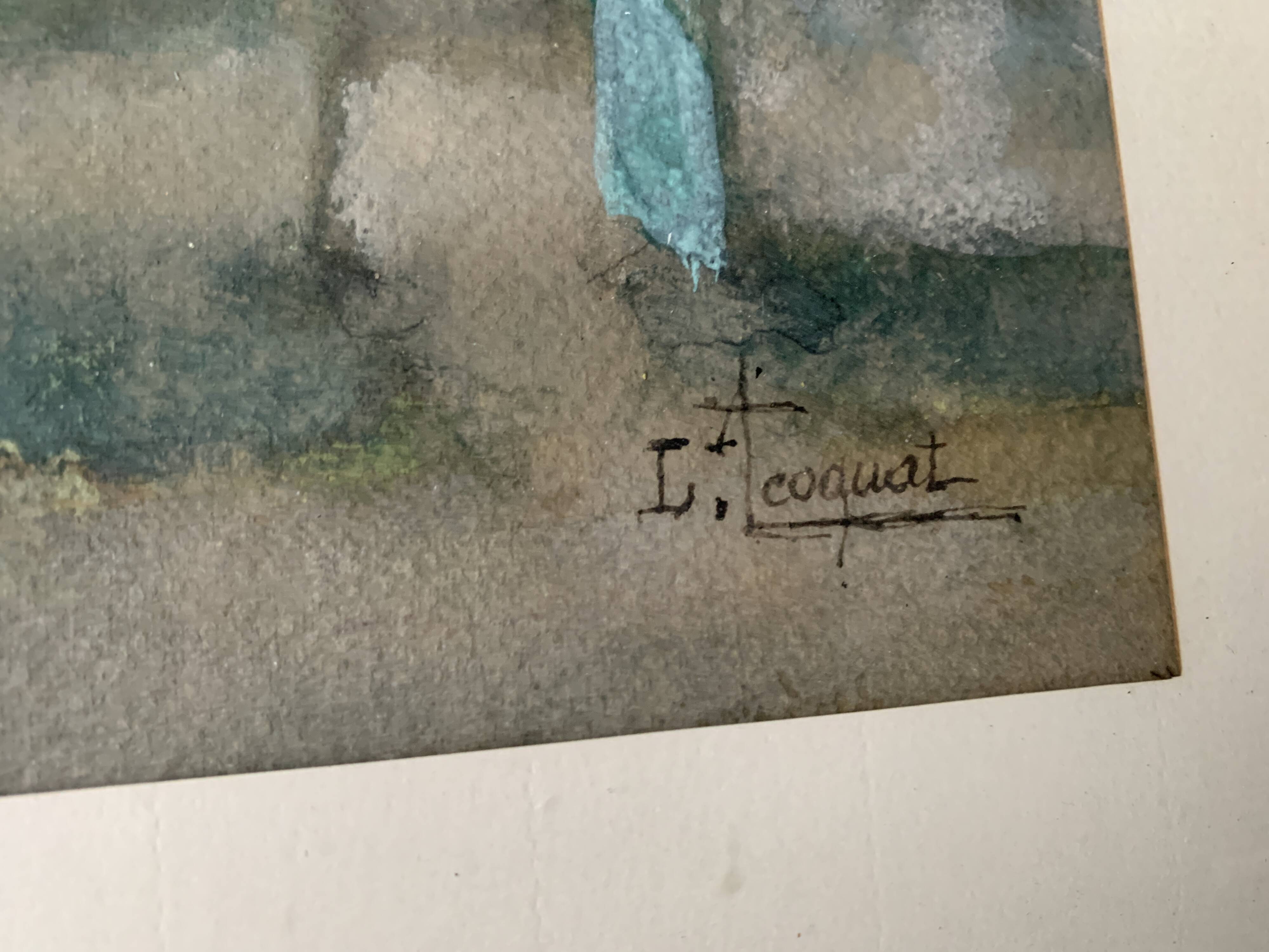 Rare Watercolor Louis Coquat rural landscape