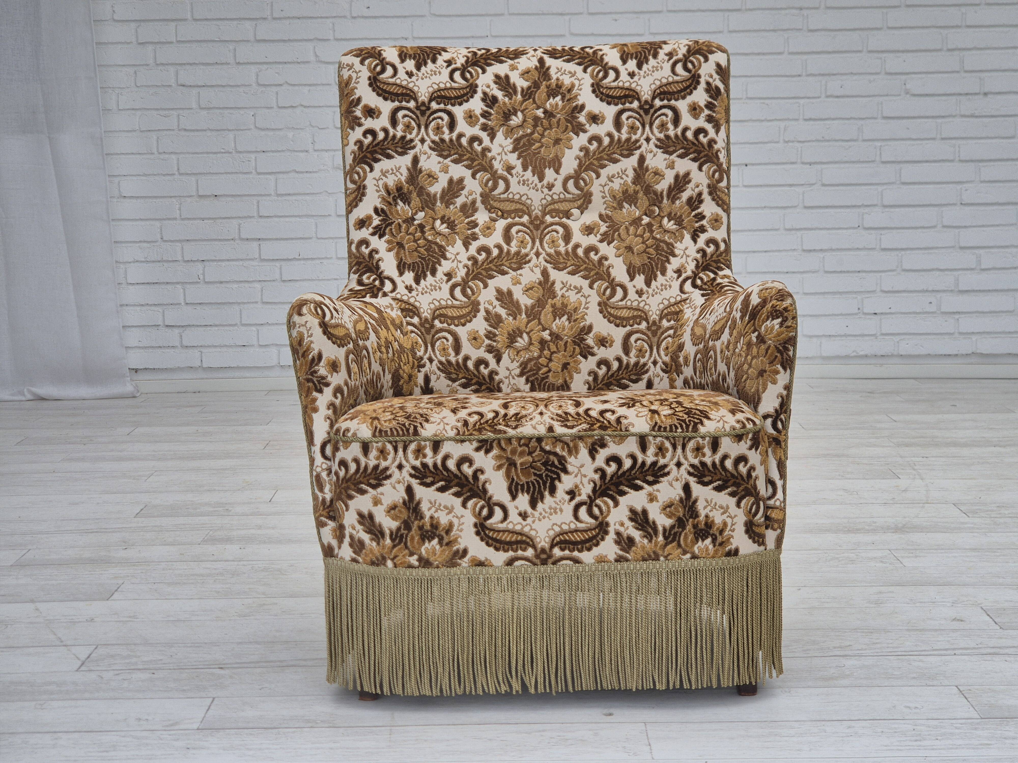 1960s, Danish highback armchair, furniture velour fabric, ash wood.