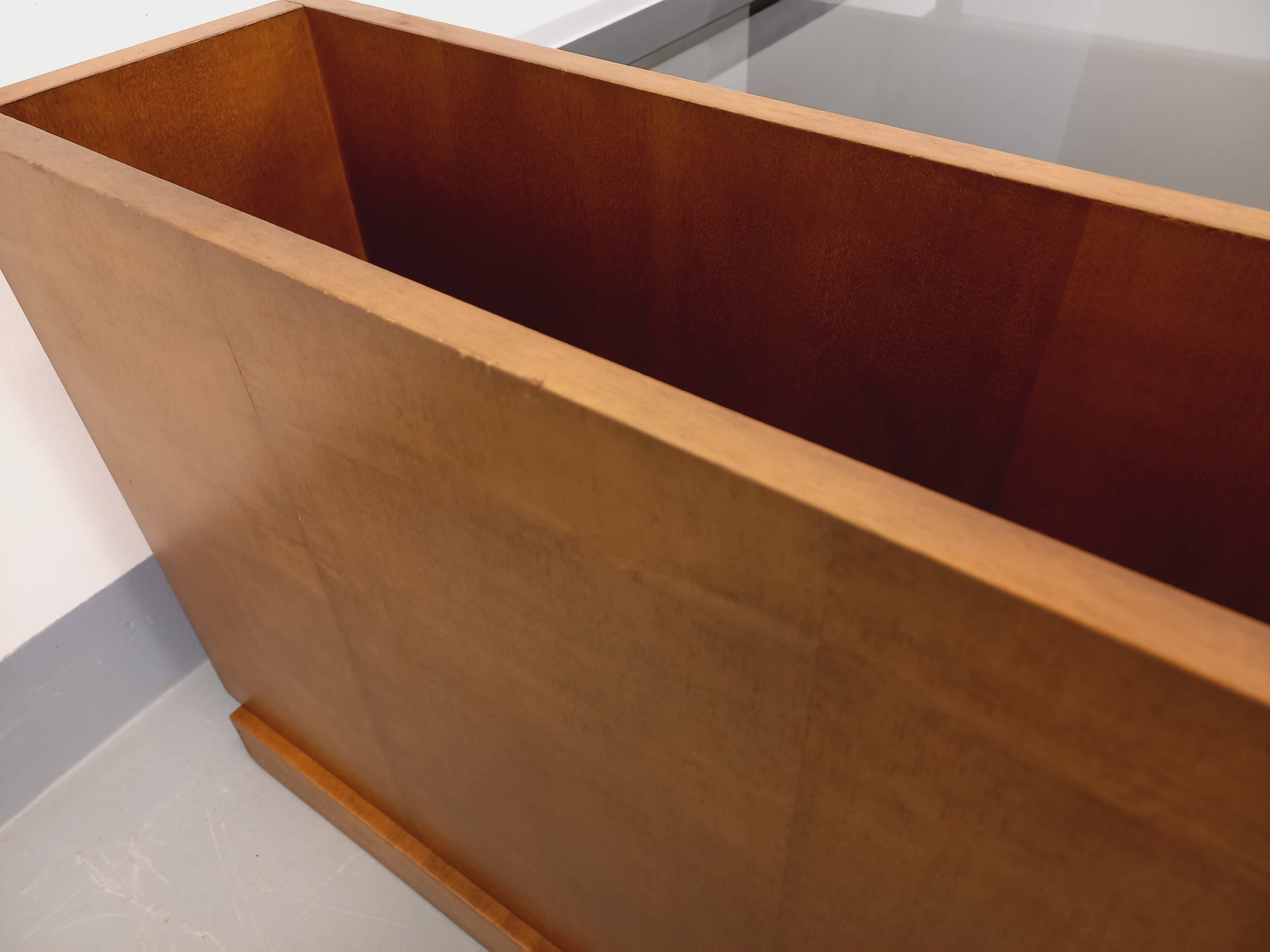 Rectangular vintage modernist coffee table with wooden niches, chrome.