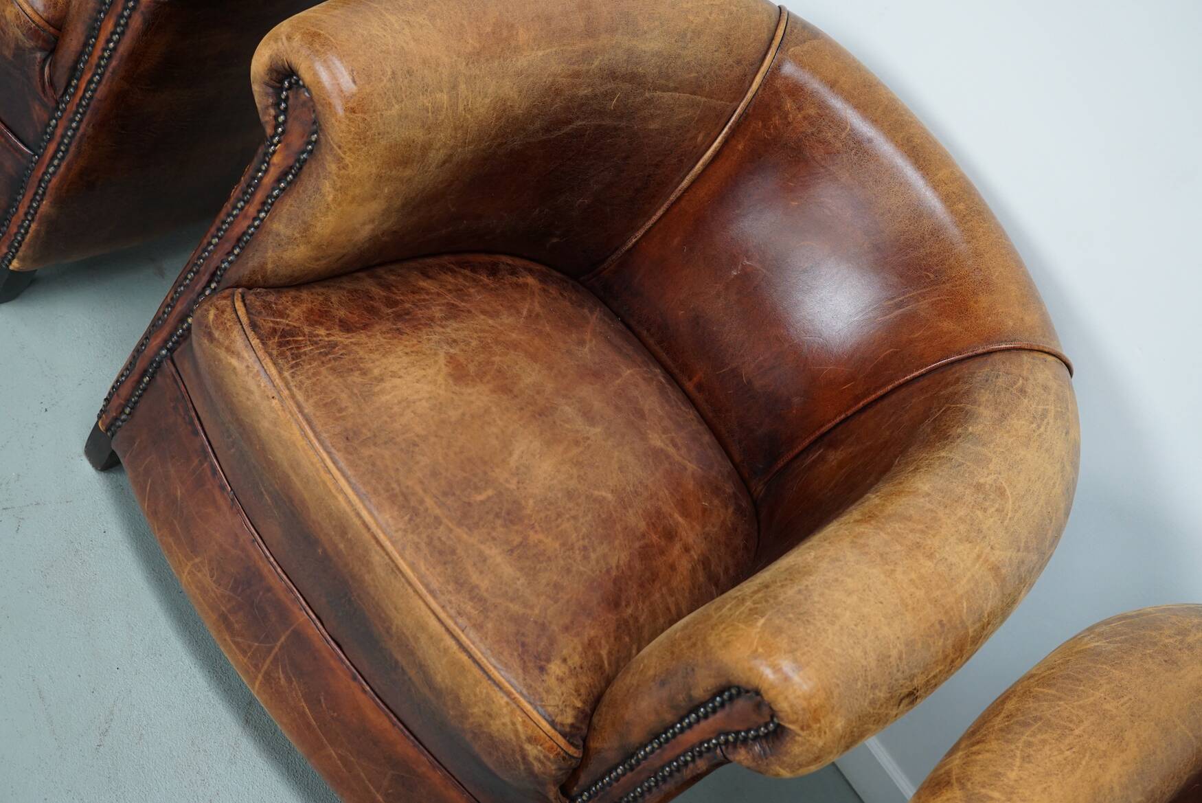 Fauteuils club vintage hollandais en cuir cognac, lot de trois
