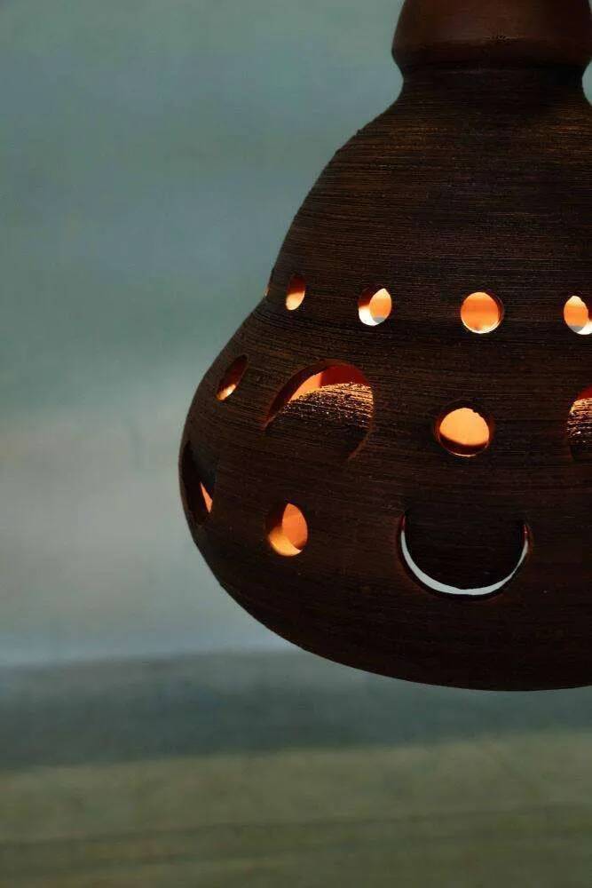 Suspended Japandi lamp in ceramic from the 60s/70s, vintage boho lamp.