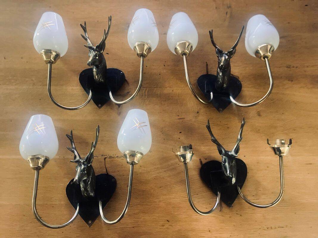 4 Wall lights with 2 arms 1960s deer head Decor hunting hunter brass