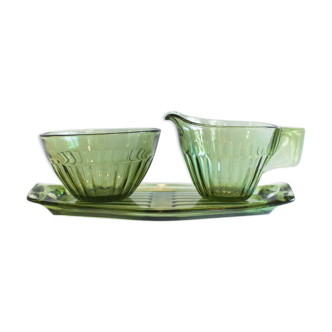 Sugar Bowl & Creamer on a plate by Andries Copier for glass factory Royal Leerdam, Holland,