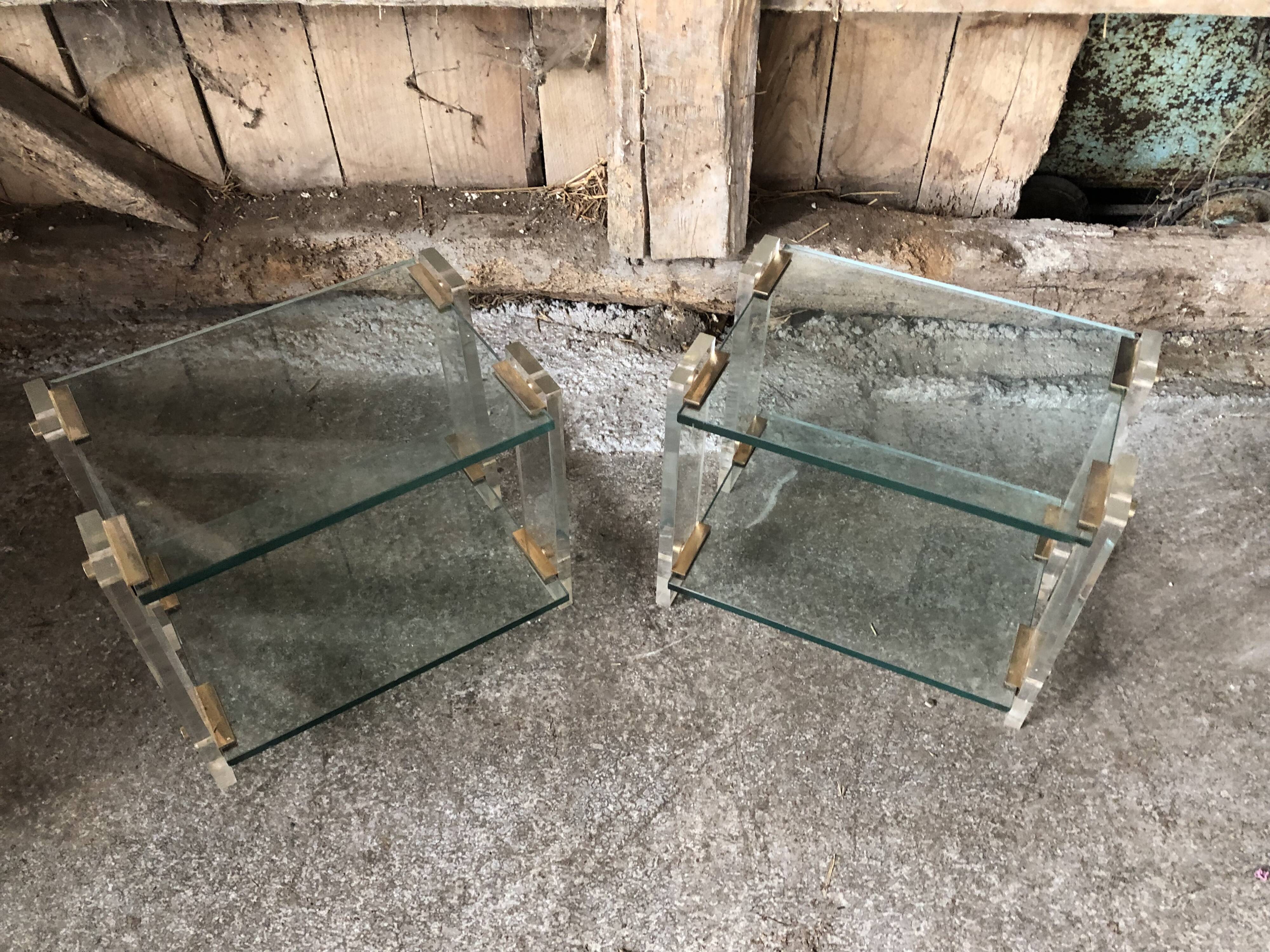 Pair bedside design plexi + brass + vintage glass trays