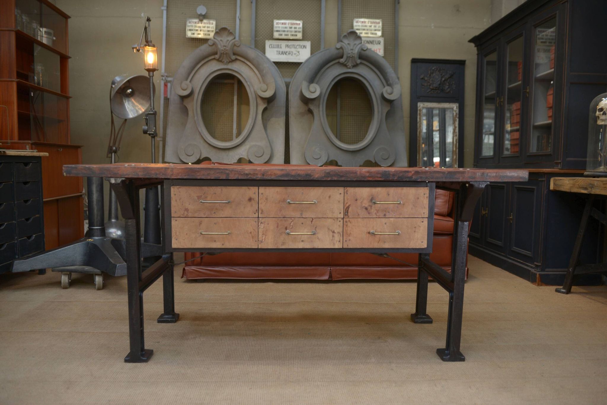 factory workbench in cast iron and wood 1930 with 9 drawers