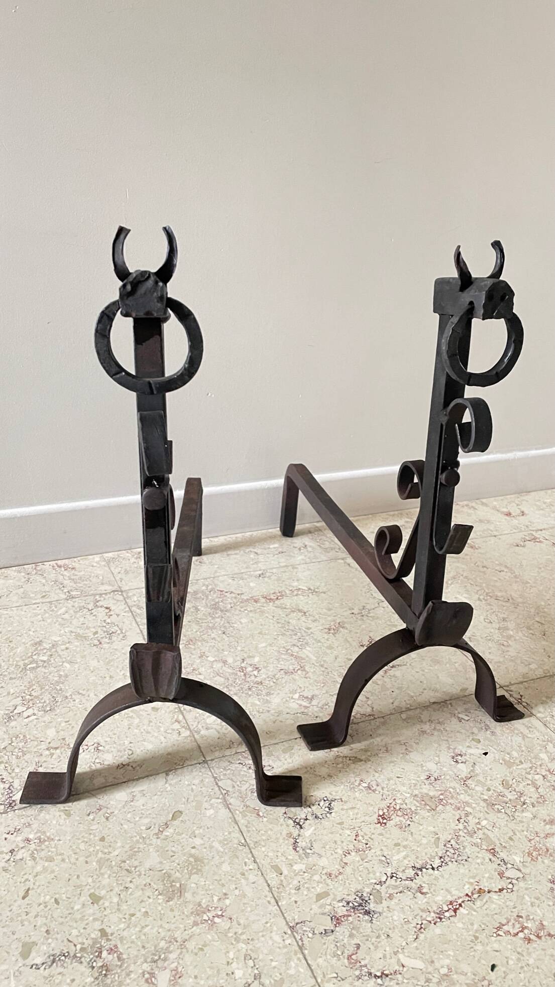 Pair of vintage steel brutalist andirons