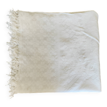 Dessus de lit en coton blanc tissé à franges