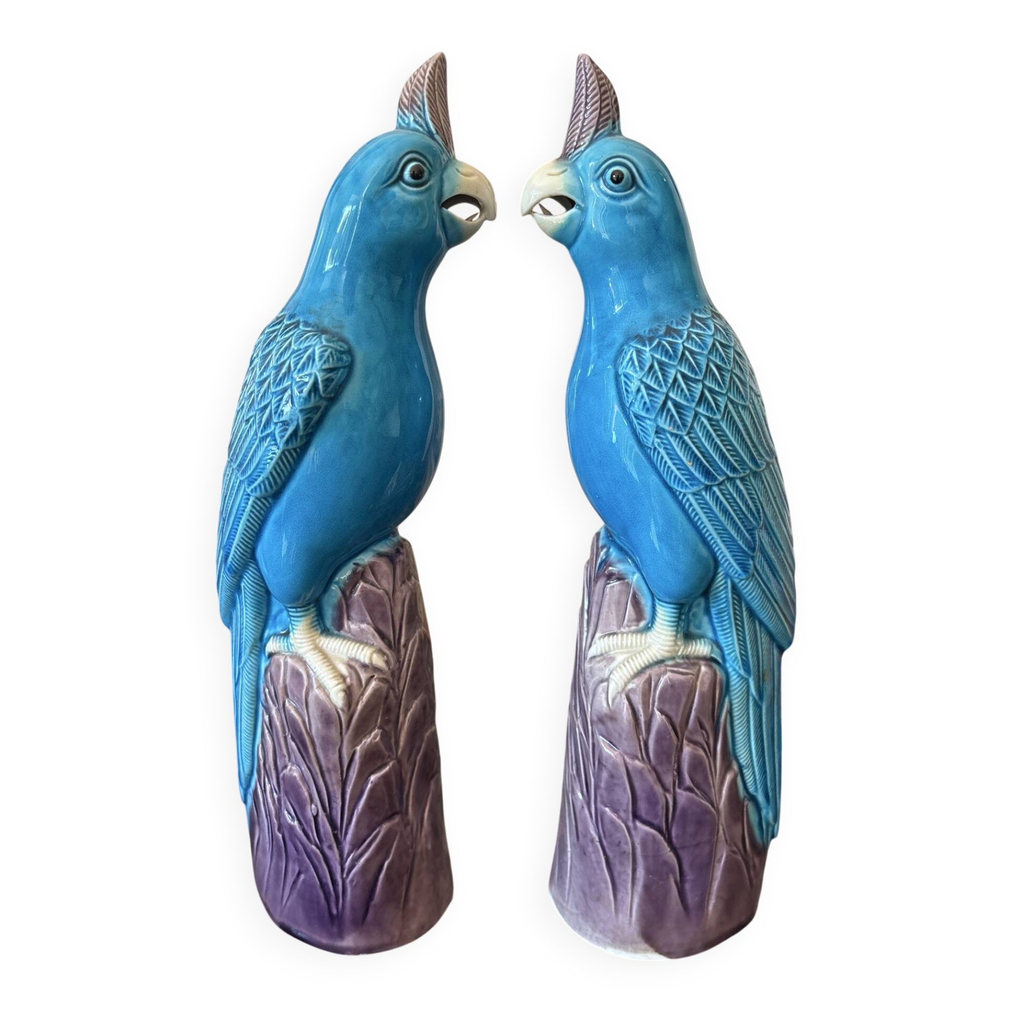 Rare pair of enamelled Chinese porcelain cockatoo parrots.