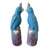 Rare pair of enamelled Chinese porcelain cockatoo parrots.